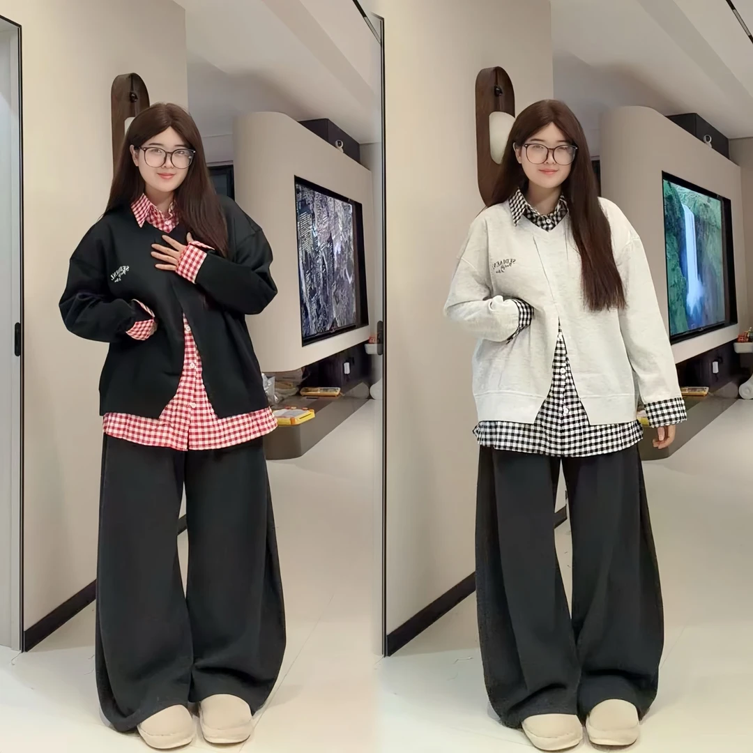 新款美式polo领复古假两件长袖衬衫通勤风百搭显瘦上衣