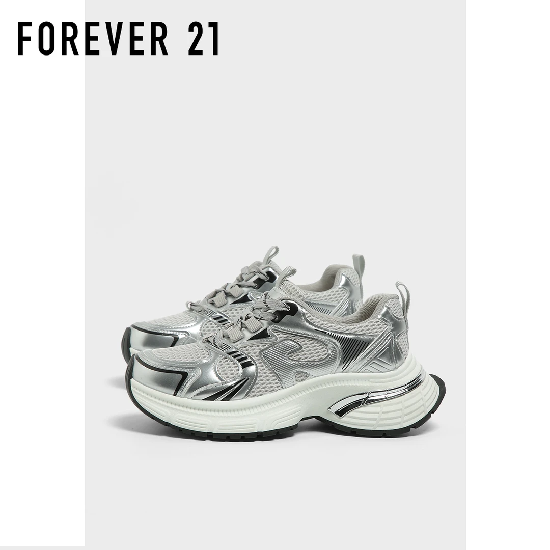F21银色老爹鞋女2025新款夏季网面透气超厚底增高百搭原创运动鞋