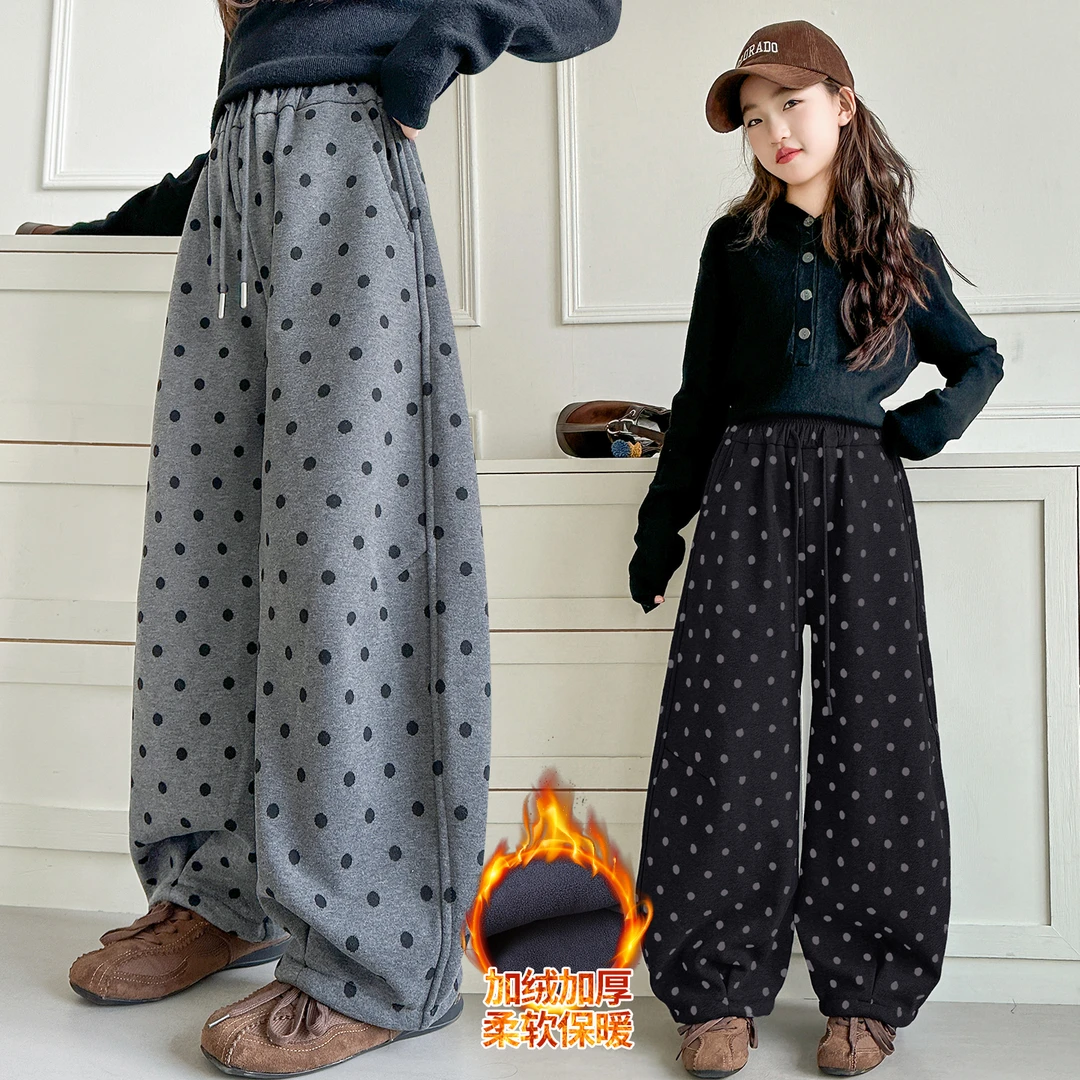 女童加绒裤子秋冬新款洋气儿童加厚波点弯刀裤中大童一体绒阔腿裤