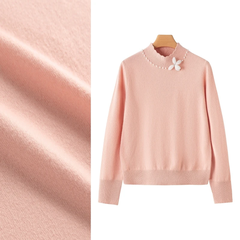 半高领钉珠花朵针织衫2024秋冬新款保暖长袖竖坑条打底衫女