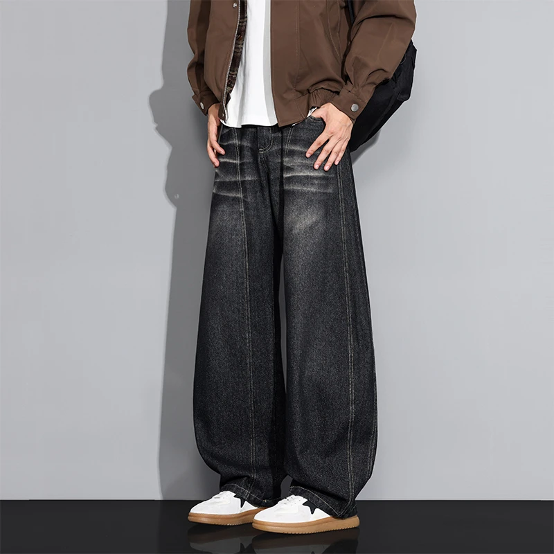 新款美式高街潮牌水洗弯刀牛仔裤男女宽松休闲情侣百搭阔腿长裤子