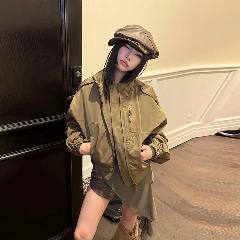 美式复古短款外套女2025秋冬季卡其色宽松立领独特设计感夹克上衣