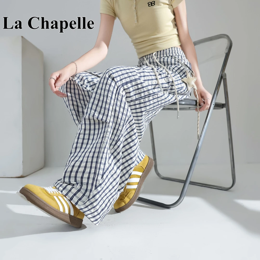 拉夏贝尔美式复古格子弯刀工装裤女夏薄款星星挂饰潮牌宽松阔腿裤