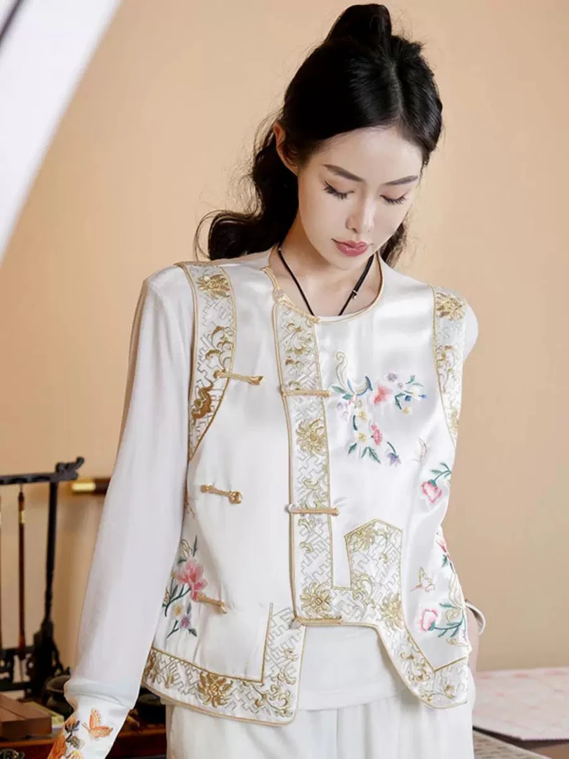 小花家醋酸斜襟格格马甲