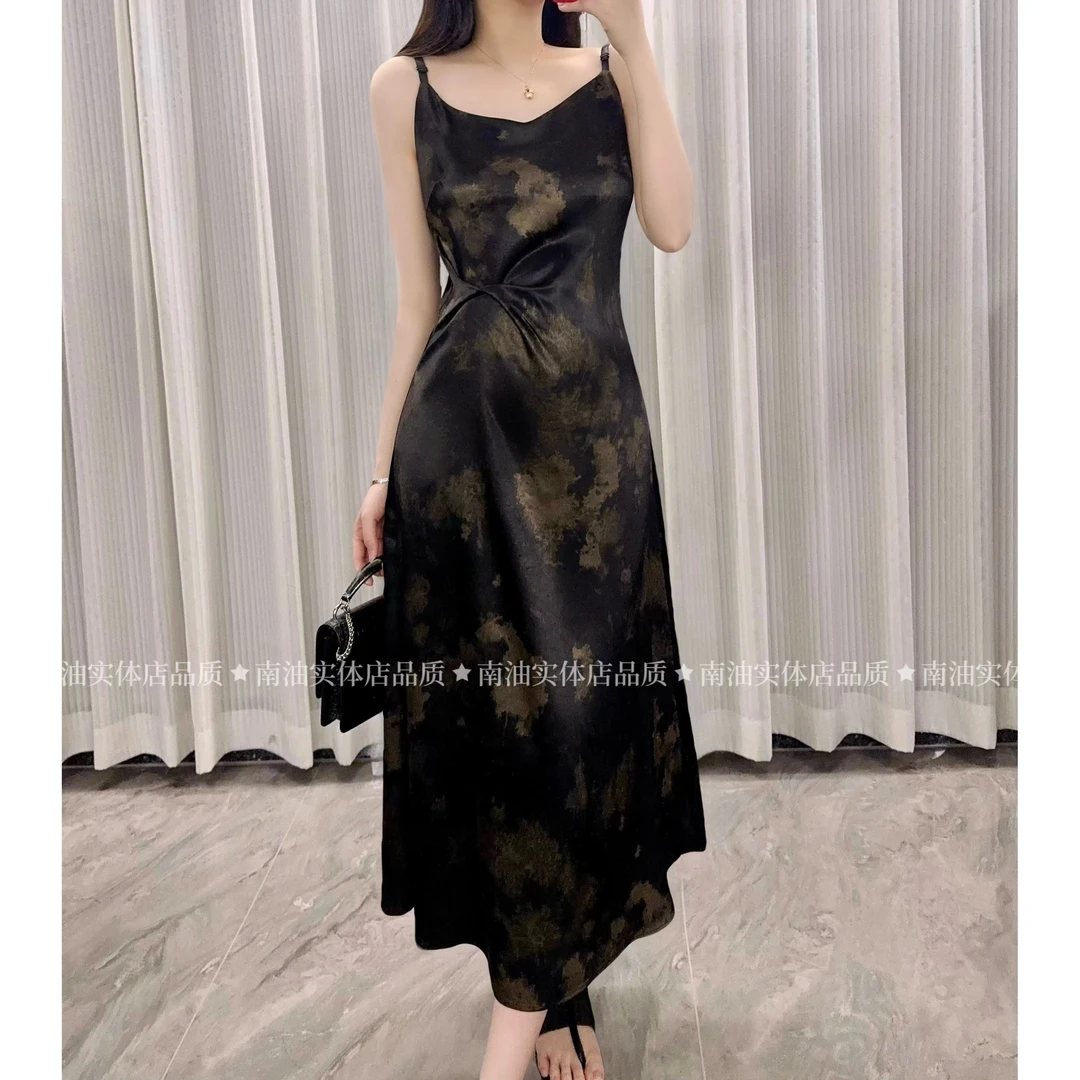 （梦回长安）专柜款醋酸锻光泽感灵动飘逸水墨花女夏季中长裙L4027#