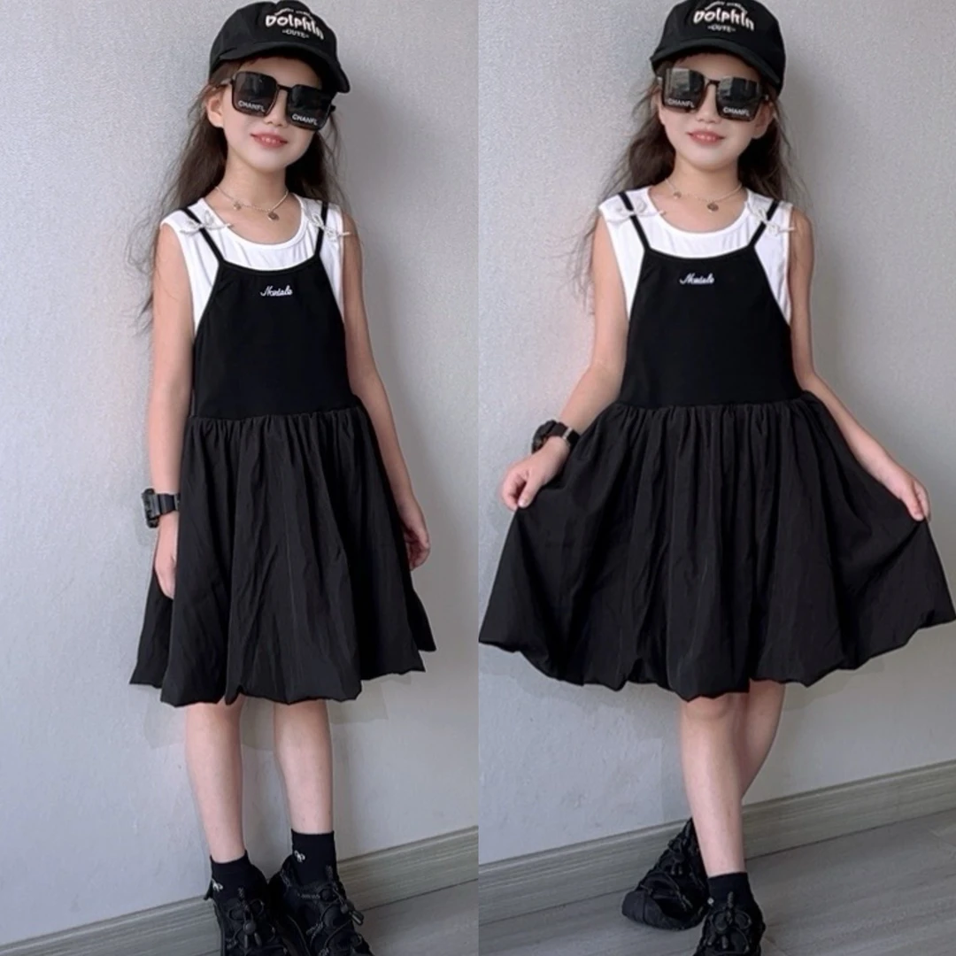 女童夏款连衣裙中大童洋气休闲薄款假两件拼接吊带无袖网红公主裙