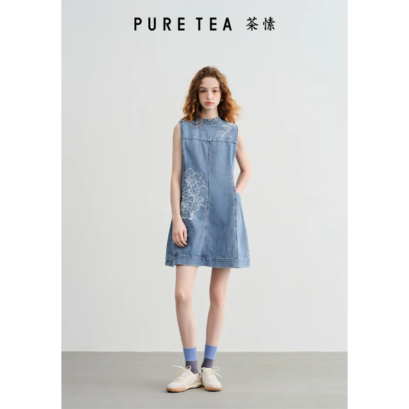 【牡丹花漾】puretea茶愫印花牛仔棉连衣裙女无袖a字裙KN0206D11