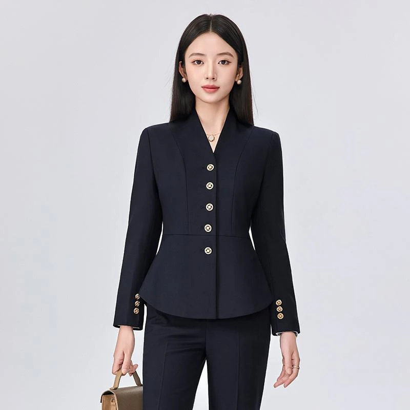 藏青职业装西装套装女春秋西服酒店经理美容院前台接待工作服外套