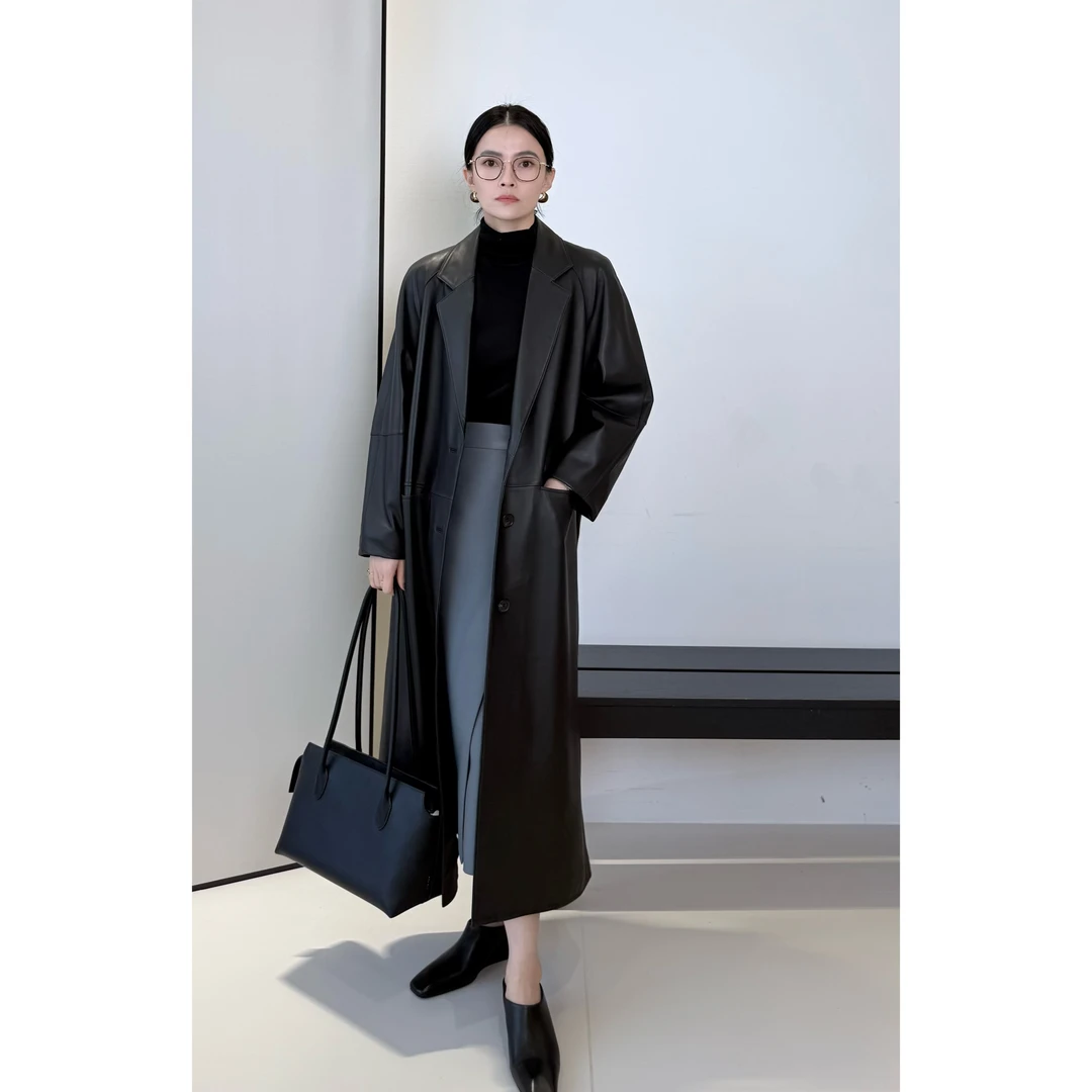 极简长款皮衣外套