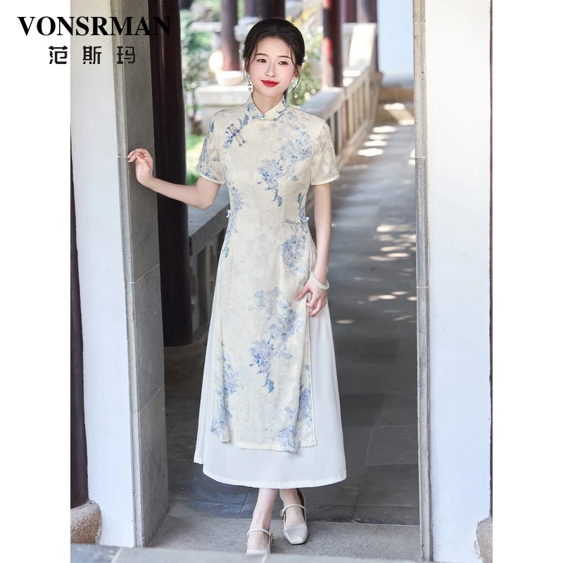 VONSRMAN新中式青花瓷印花旗袍裙2025夏季新款时尚国风减龄气质潮