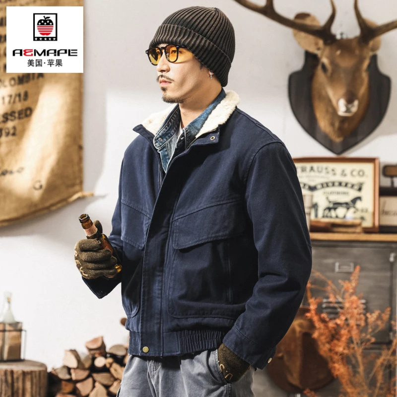美式复古羊羔绒棉袄加绒外套男冬季加厚男士棉服新款潮牌保暖棉衣