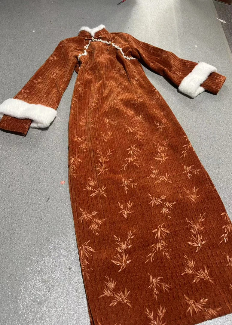 1653 橘色 白花边美玲襟 双袖 【竹橘】 旗袍