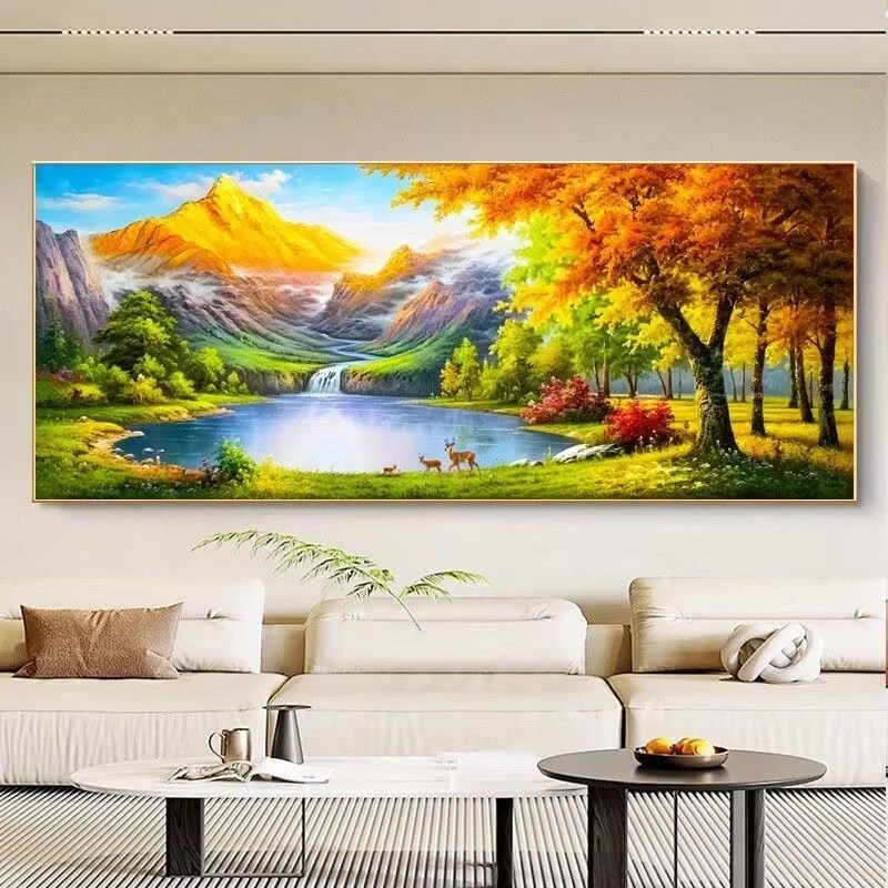 青绿聚宝盆墙壁挂画西墙日照金山客厅山水画客厅装饰现代风景横版