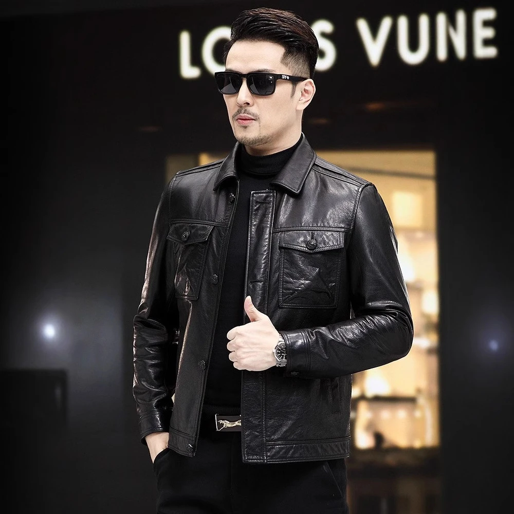 【春秋冬】男士海宁油蜡牛皮头层夹克可脱卸内胆翻领皮衣外套