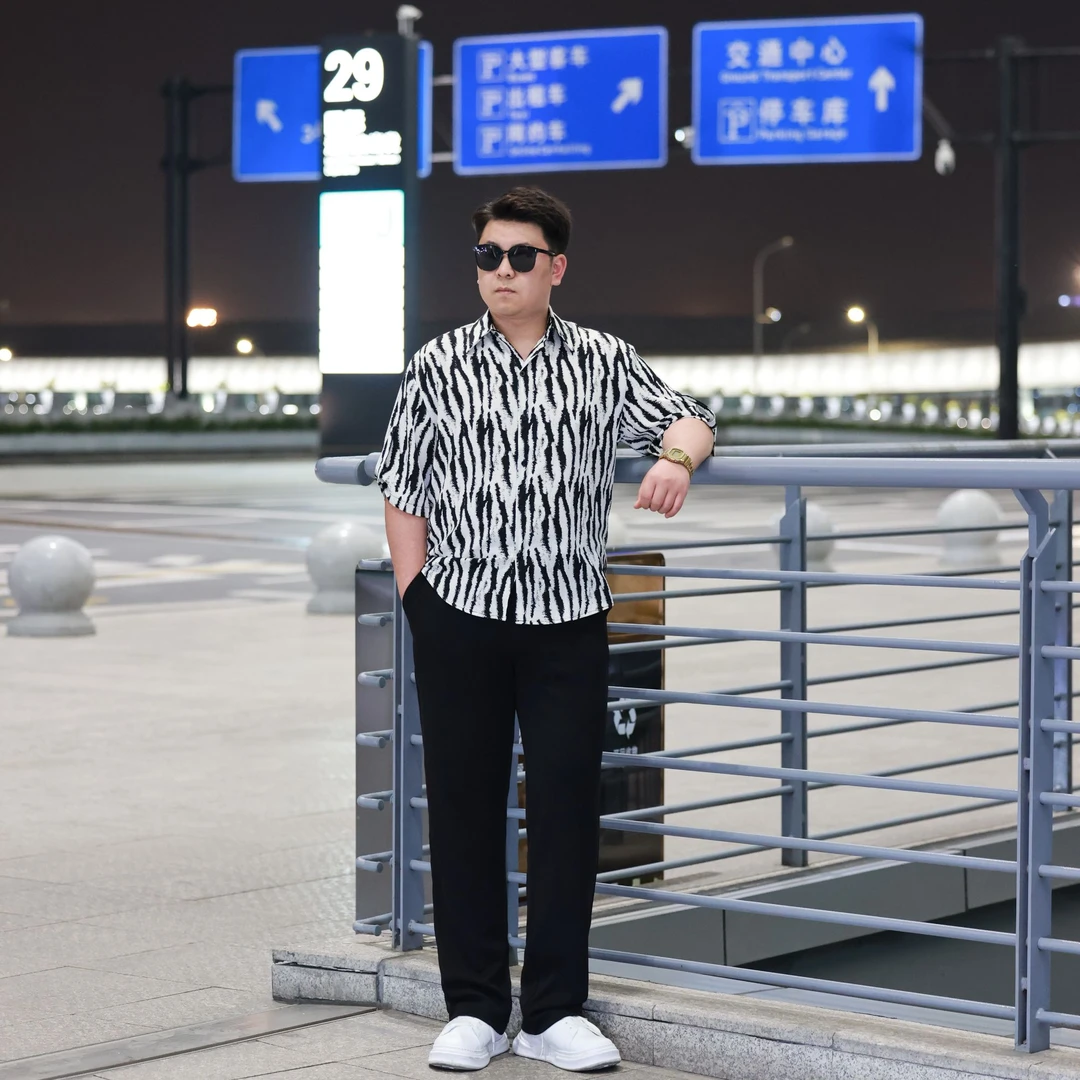 2025夏季款冰丝垂感斑马纹衬衫男大码宽松显瘦冰感直筒裤潮CS231