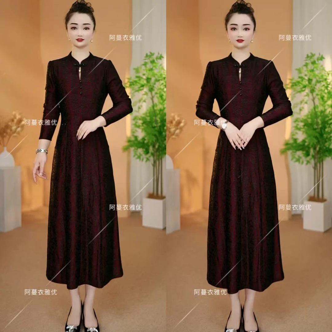 【衣雅严选】8088-2301#新款正版气质蕾丝复合罗马锦棉旗袍连衣裙