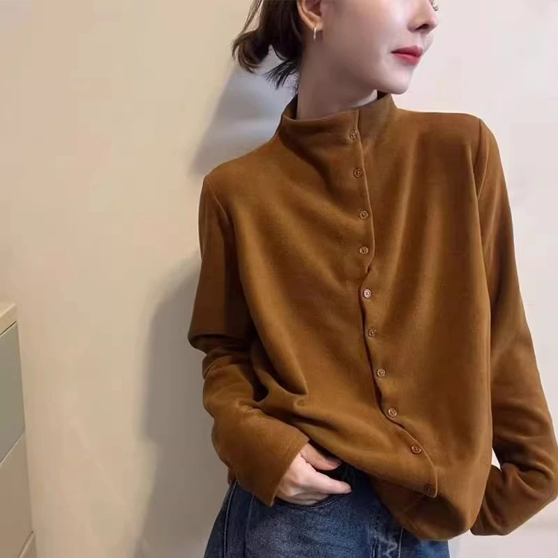 立领德绒长袖打底衫女2025秋季新款韩版时尚简约保暖百搭显瘦上衣