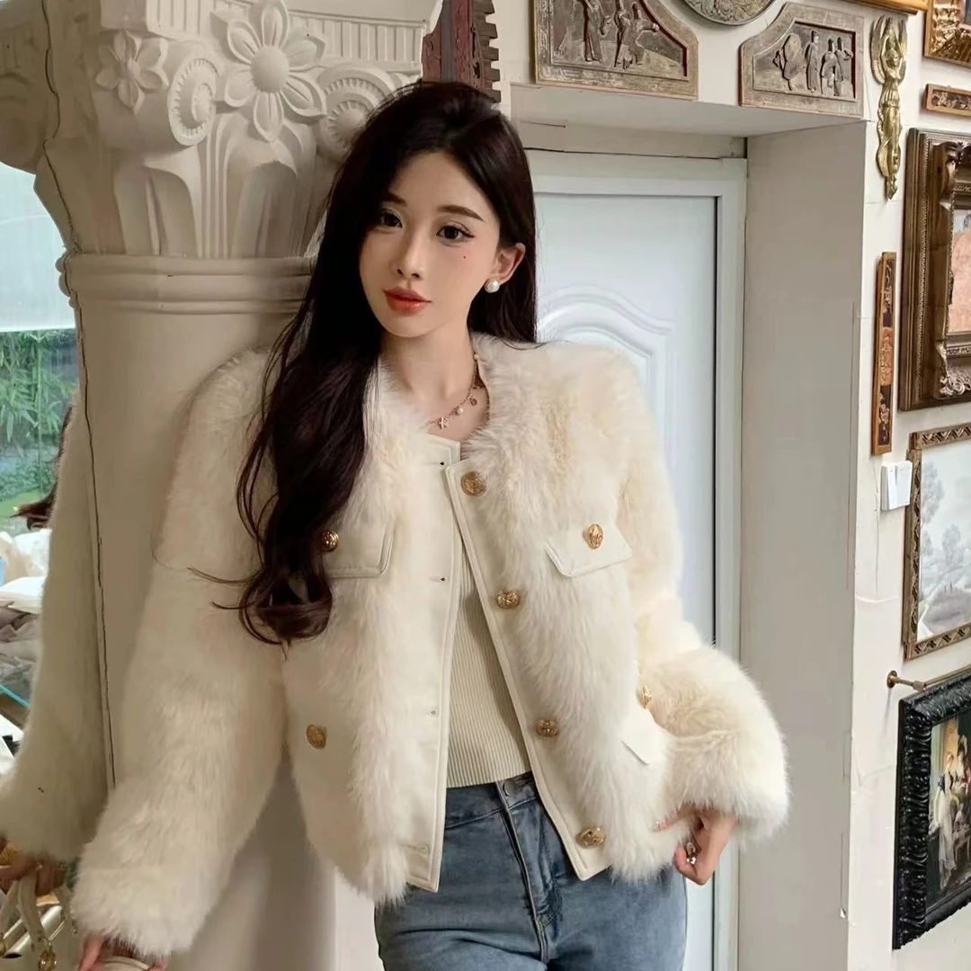 2024冬季新款气质名媛时尚小香风拼皮毛毛外套#8323【衣长56】