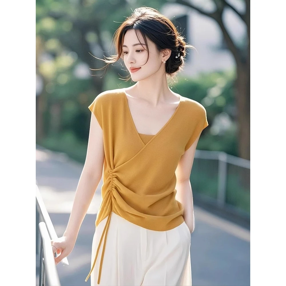 春夏季韩系chic姜黄色抽绳褶皱短袖t恤女设计感小众显瘦绝美上衣