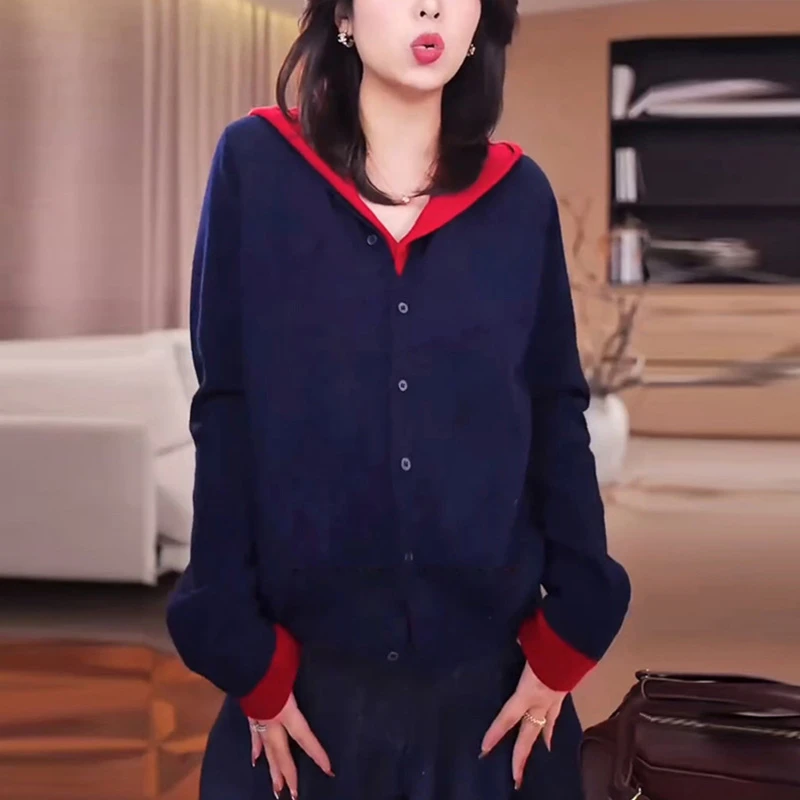 设计感撞色连帽针织衫女款时尚百搭宽松显瘦早秋新款毛衣外套上衣