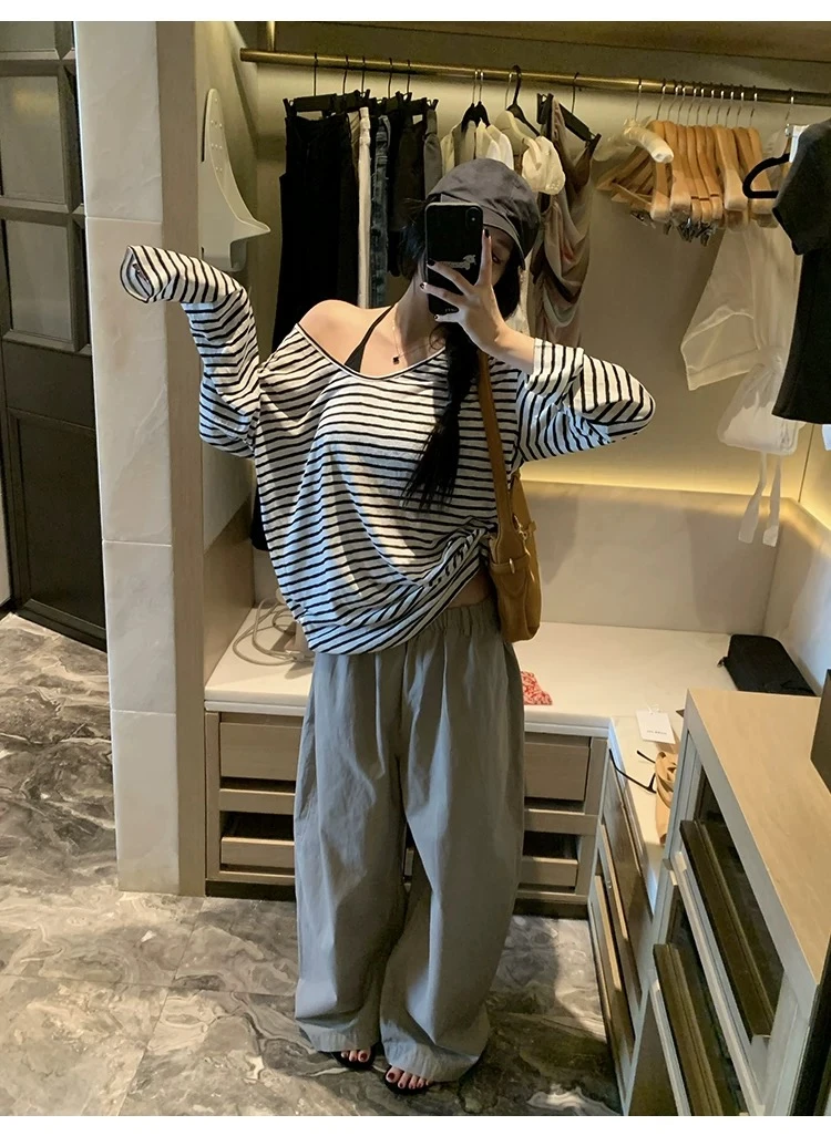 韩系条纹U领防晒罩衫女夏季2025百搭宽松显瘦微透长袖#5508休闲