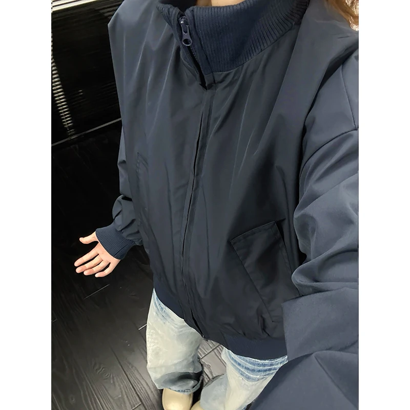 bomber藏青色短款廓形飞行员夹克男款秋季美式cleanfit立领外套潮