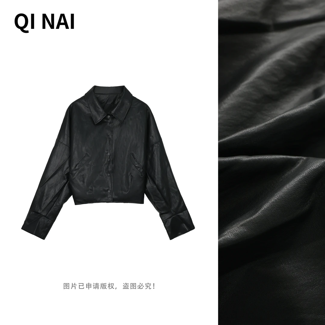 七奈推荐【可青】皮衣新款翻领宽松休闲小众皮夹克外套QN12276