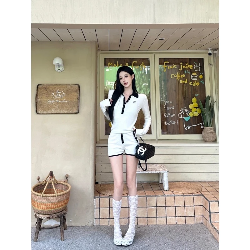 小个子穿搭套装撞色polo领长袖针织衫女秋季休闲裤直筒短裤两件套