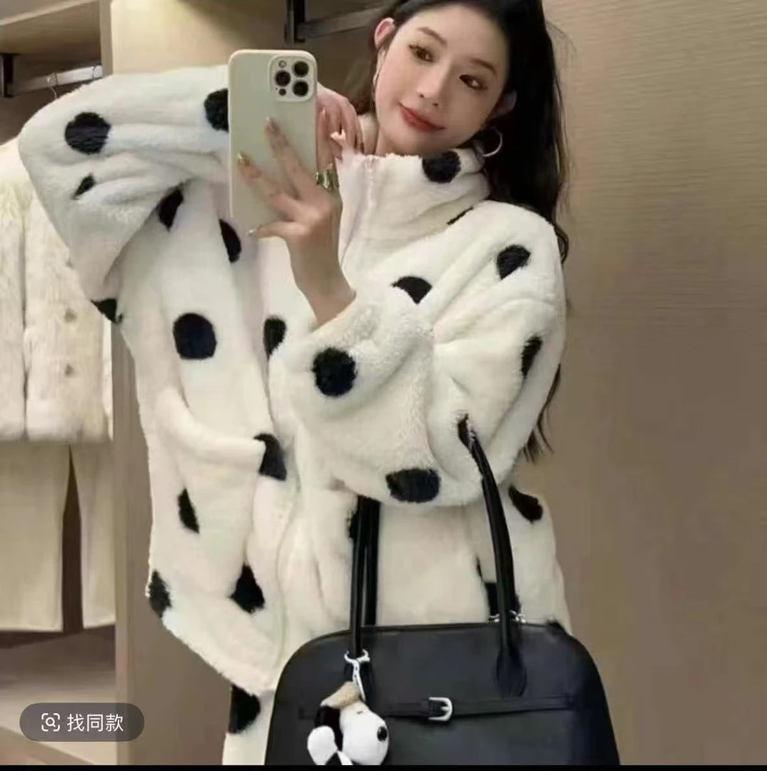 黑白波点时尚睡衣休闲舒棉绒家居服套装秋冬季宽松加厚女士A