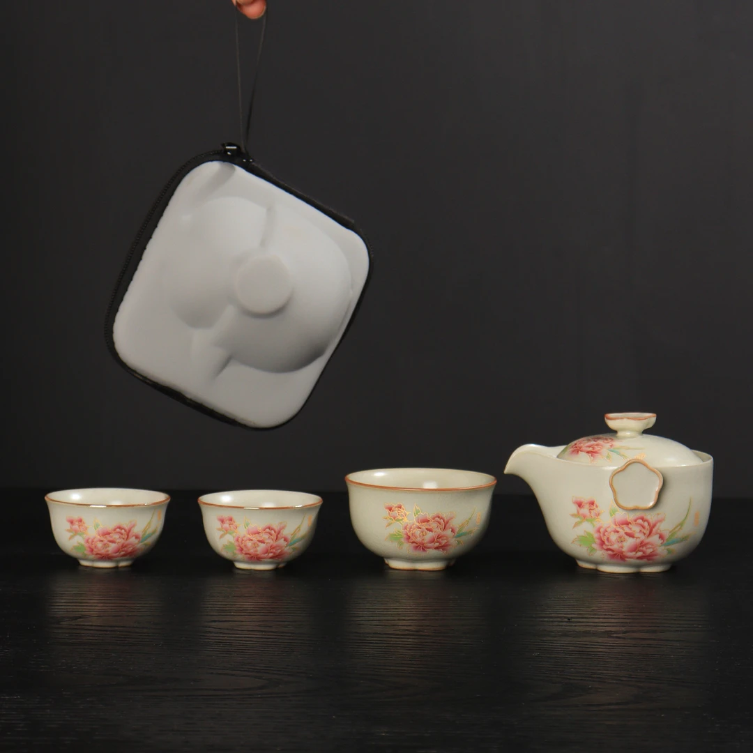 景德镇陶瓷手绘汝窑旅行茶具家用送礼品茶器便携式户外出差快客杯