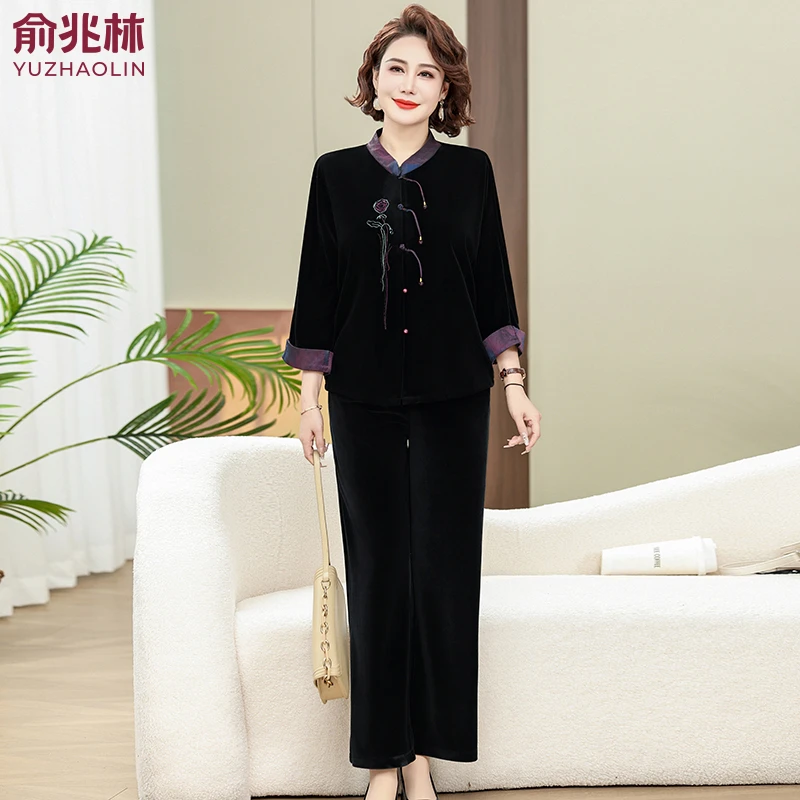 俞兆林妈妈新中式国风上衣两件套中老年女春秋时尚洋气金丝绒套装