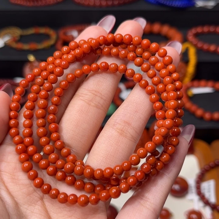 南红玛瑙未镶嵌手链满肉柿子红4mm多圈