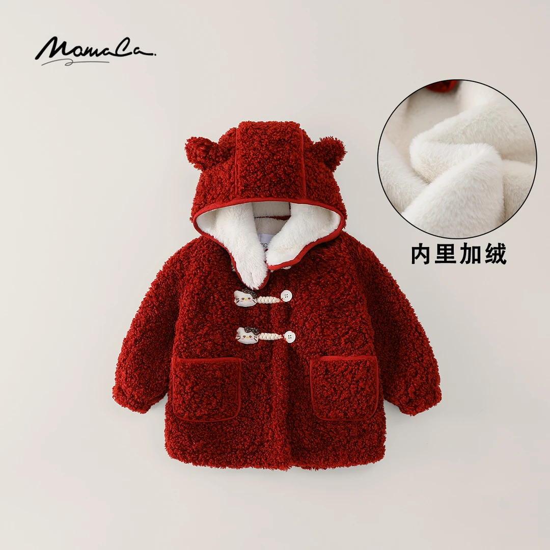 MOMOCO冬季新款女童时尚红色猫咪连帽毛毛大衣外套77880123013