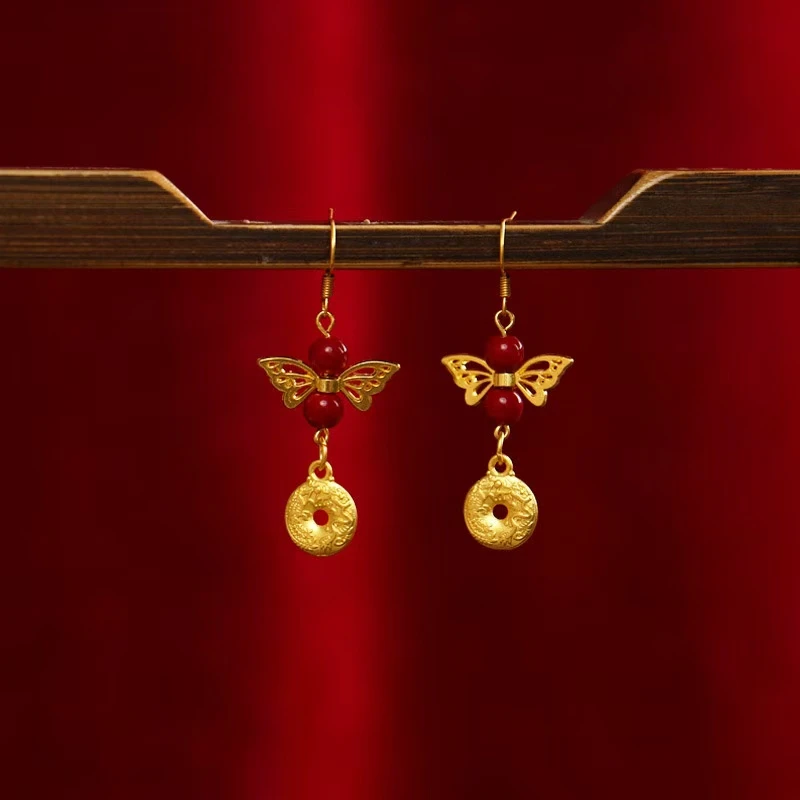 蝴蝶平安扣耳环红豆耳饰女款