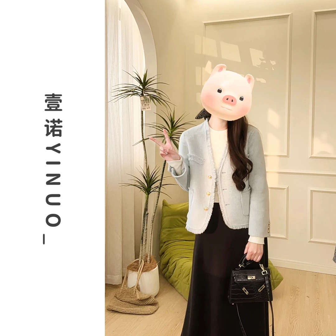 2025新款拉毛V领双面呢大衣女春季爆款毛呢外套8881