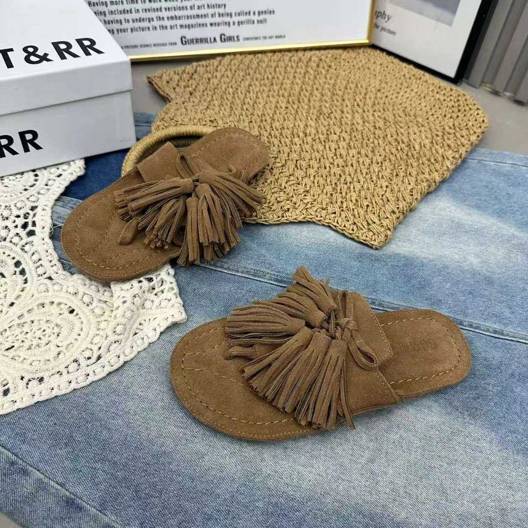 磨砂皮圆头流苏人字拖女2025春夏新款软底高颜值舒适复古外穿凉拖