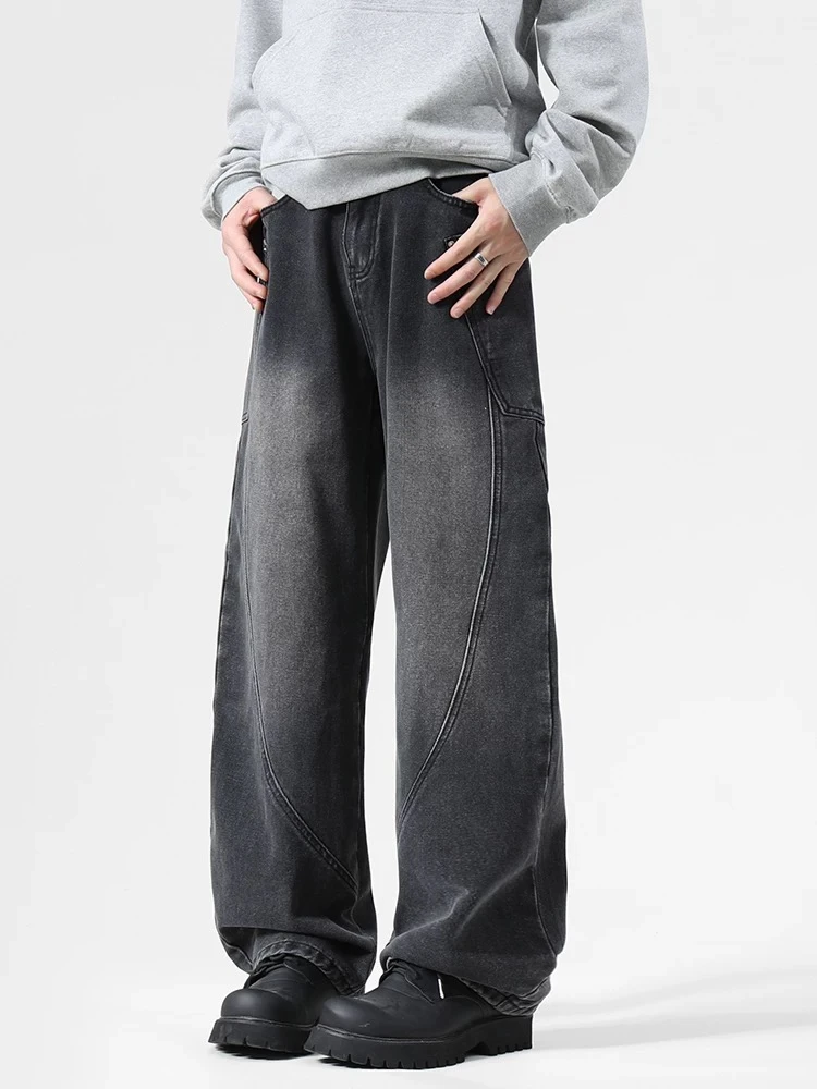 【WD903】美式复古重工水洗侧边口袋中腰阔腿弯刀牛仔裤~半松紧腰