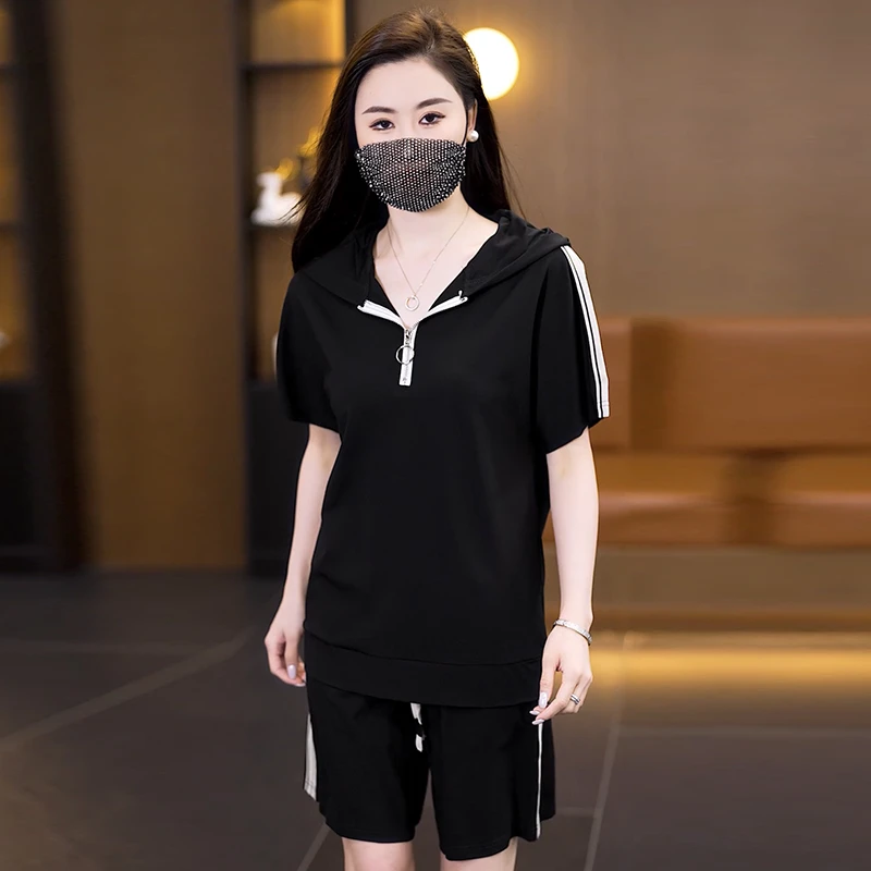 大码女装时尚洋气套装女2025夏季新款休闲连帽宽松显瘦短袖两件套