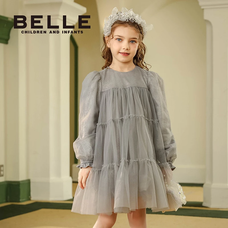 百丽长袖春秋女碎花春季公主裙连衣裙大童女童纱裙裙子BB0225