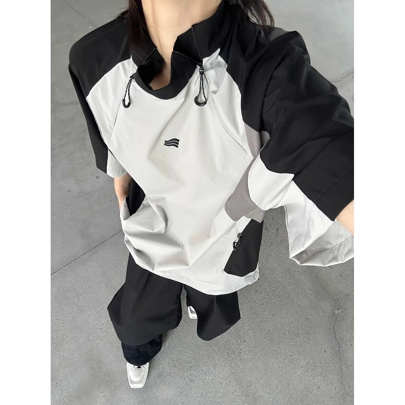 撞色拼接运动速干短袖男夏季美式高街拉链T恤户外跑步骑行服半袖