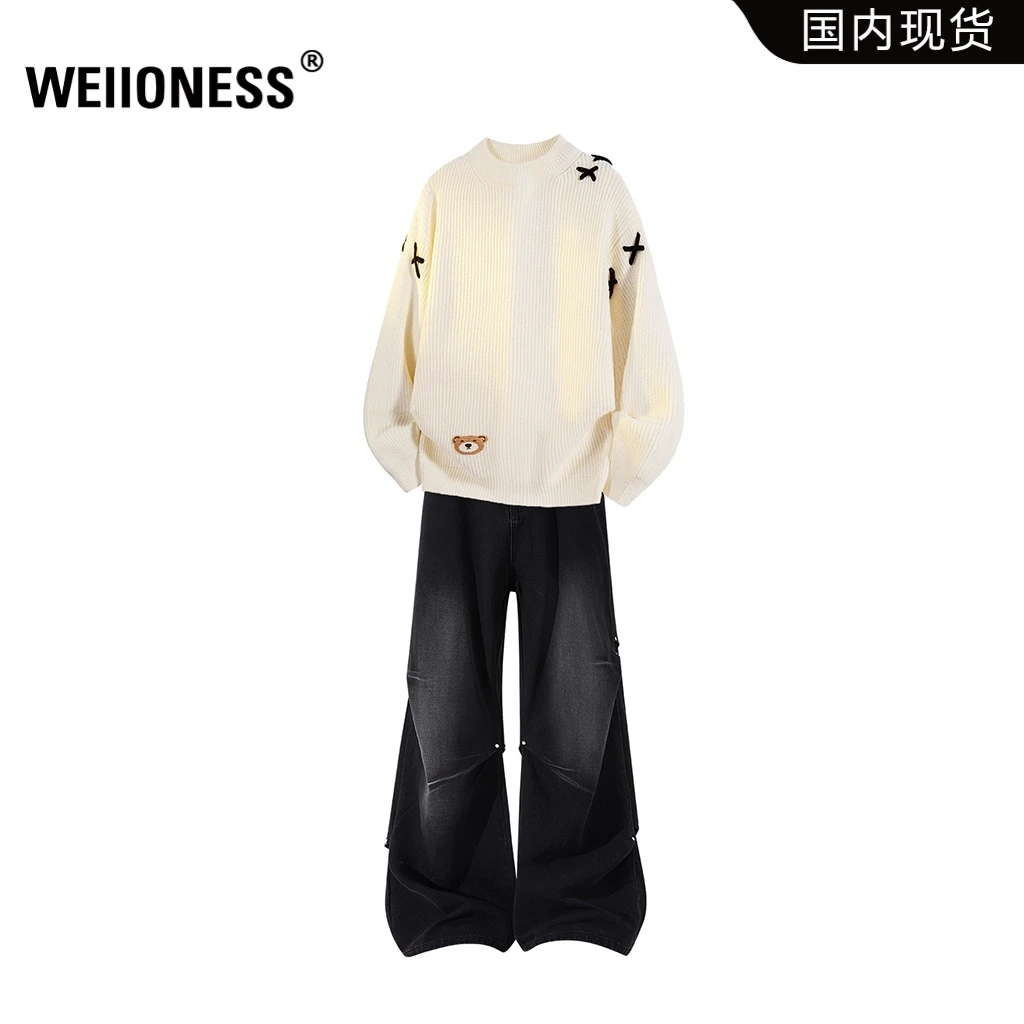 WEIIONESS美式街头小熊针织毛衣套装男秋冬潮流痞帅牛仔裤两件套