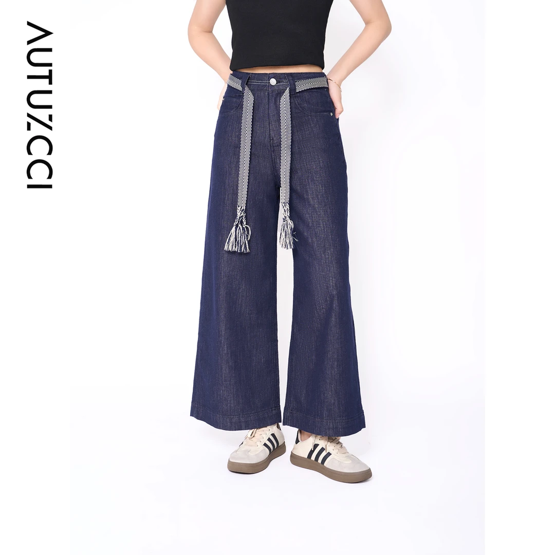 轻薄防掉色复古印花牛仔裤女2025春夏编制腰带高腰九分阔腿裤7889