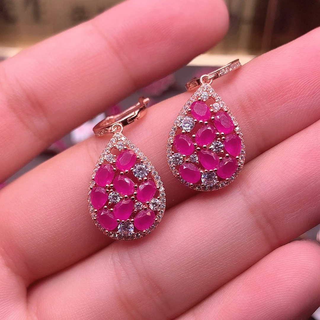 红宝石耳饰银S925镶嵌