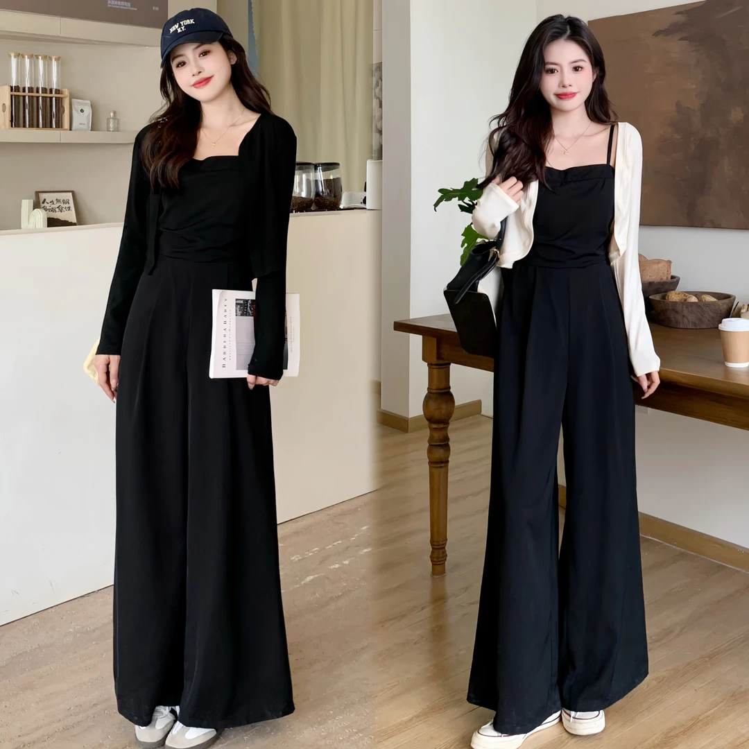 早春新款黑色收腰显高吊带连体裤阔腿裤+开衫外套两件套套装