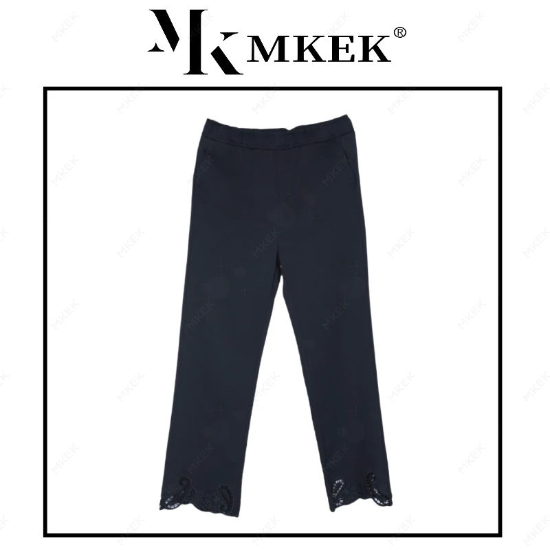 9060韩版春季新款时尚裤脚蕾丝拼接镂空设计黑色直筒裤显瘦休闲裤