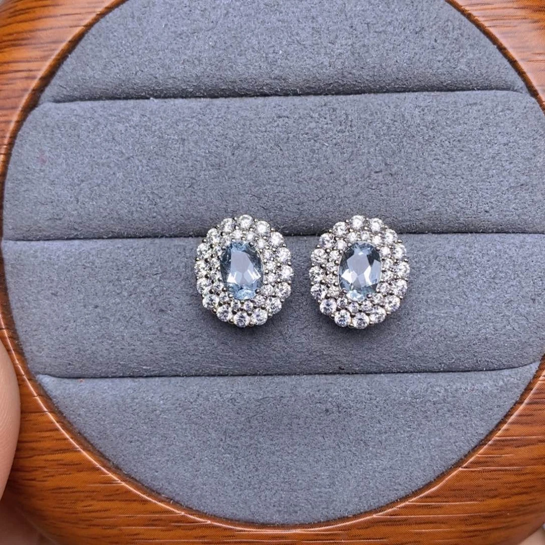 海蓝宝石耳钉银S925镶嵌