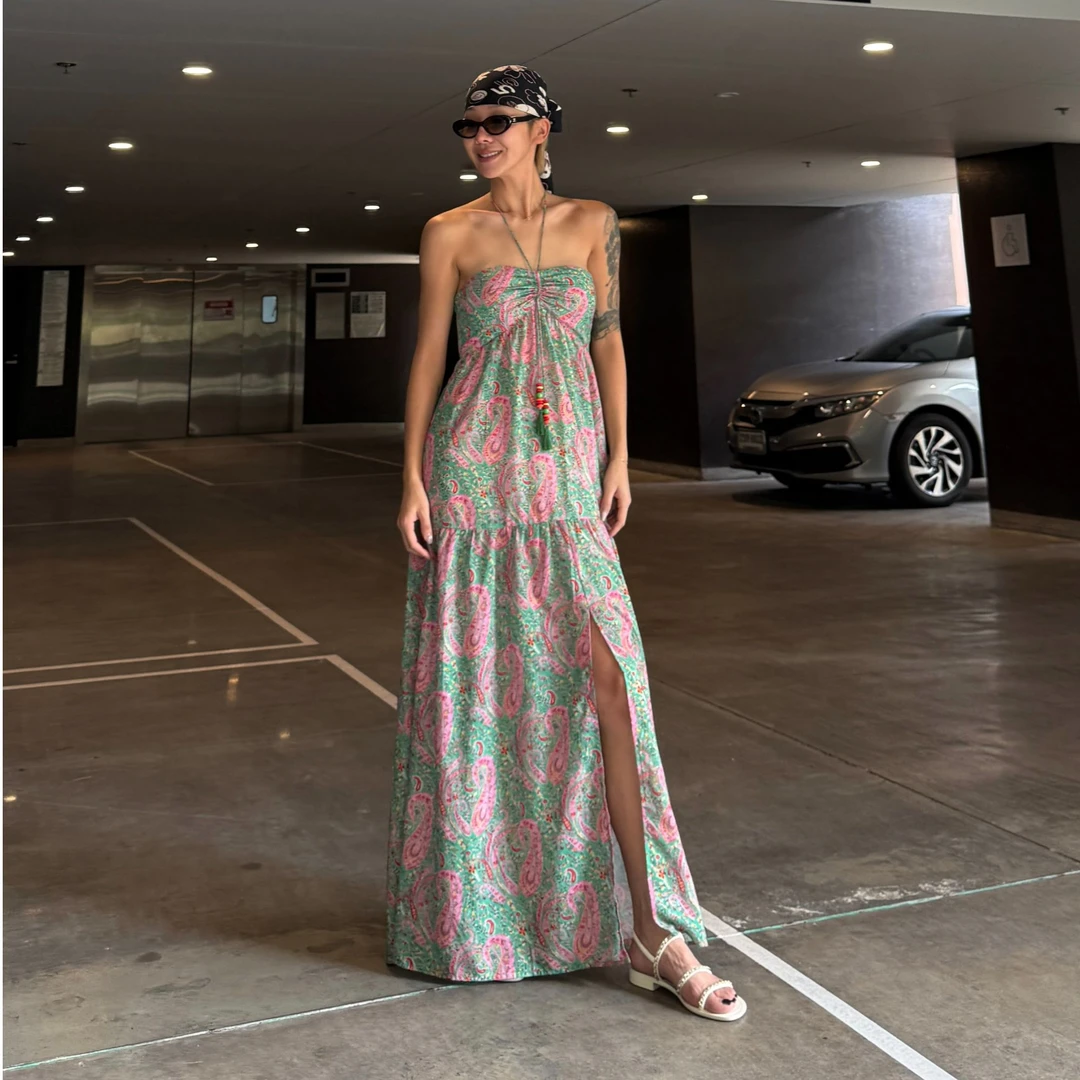 波西米亚风印花挂脖长裙88823