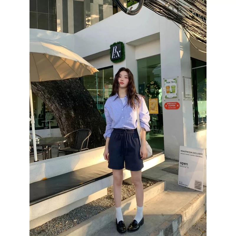 【清爽西海岸】夏季2025新款百搭日系宽松高腰阔腿松紧腰抽绳短裤