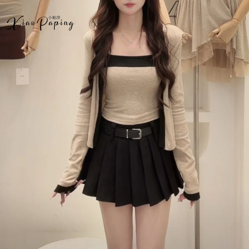 螺纹棉纯欲风撞色设计感修身显瘦吊带背心针织开衫女2025秋季套装