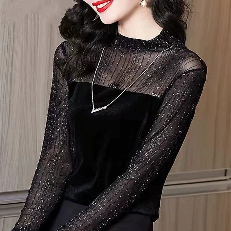长袖洋气内搭上衣女新款蕾丝拼接修身百搭时尚显瘦灿灿拼接打底衫